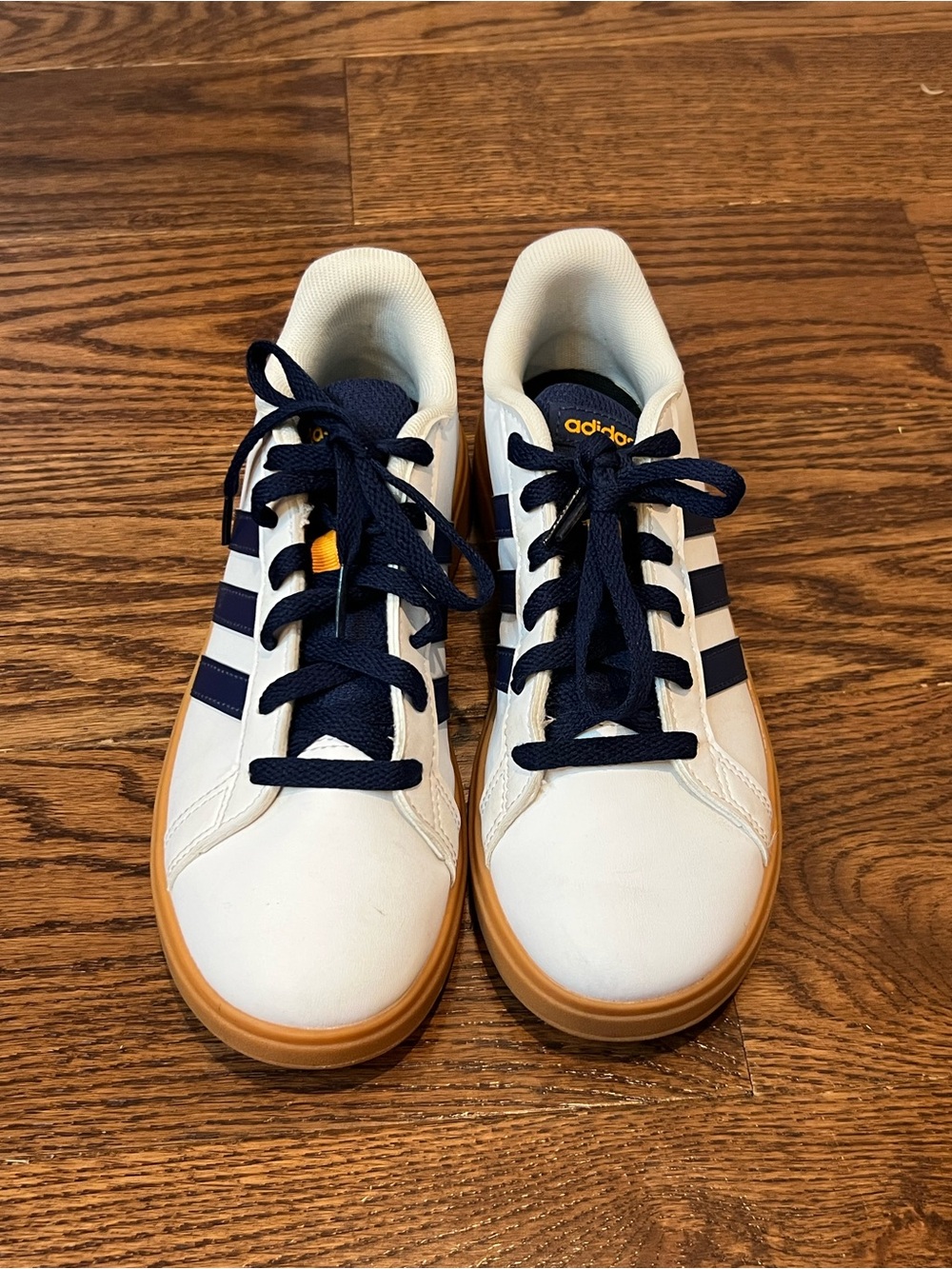 adidas White and Navy Leather Sneakers with Gum Outsole